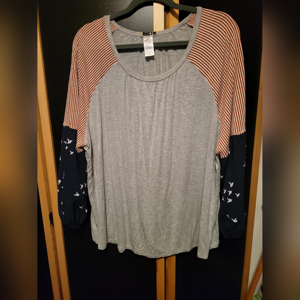 3X Striped and Bird Print Quarter Sleeve Top